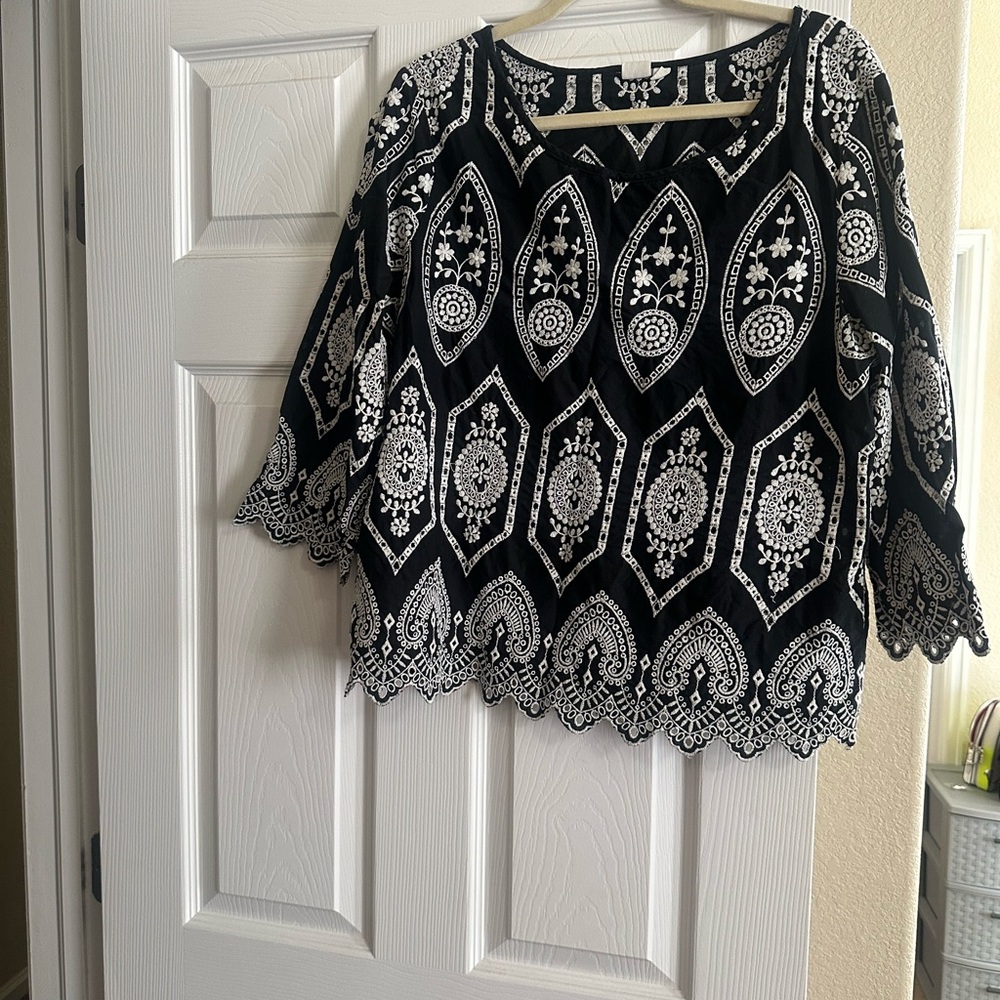Black and White Embroidered Women's Top